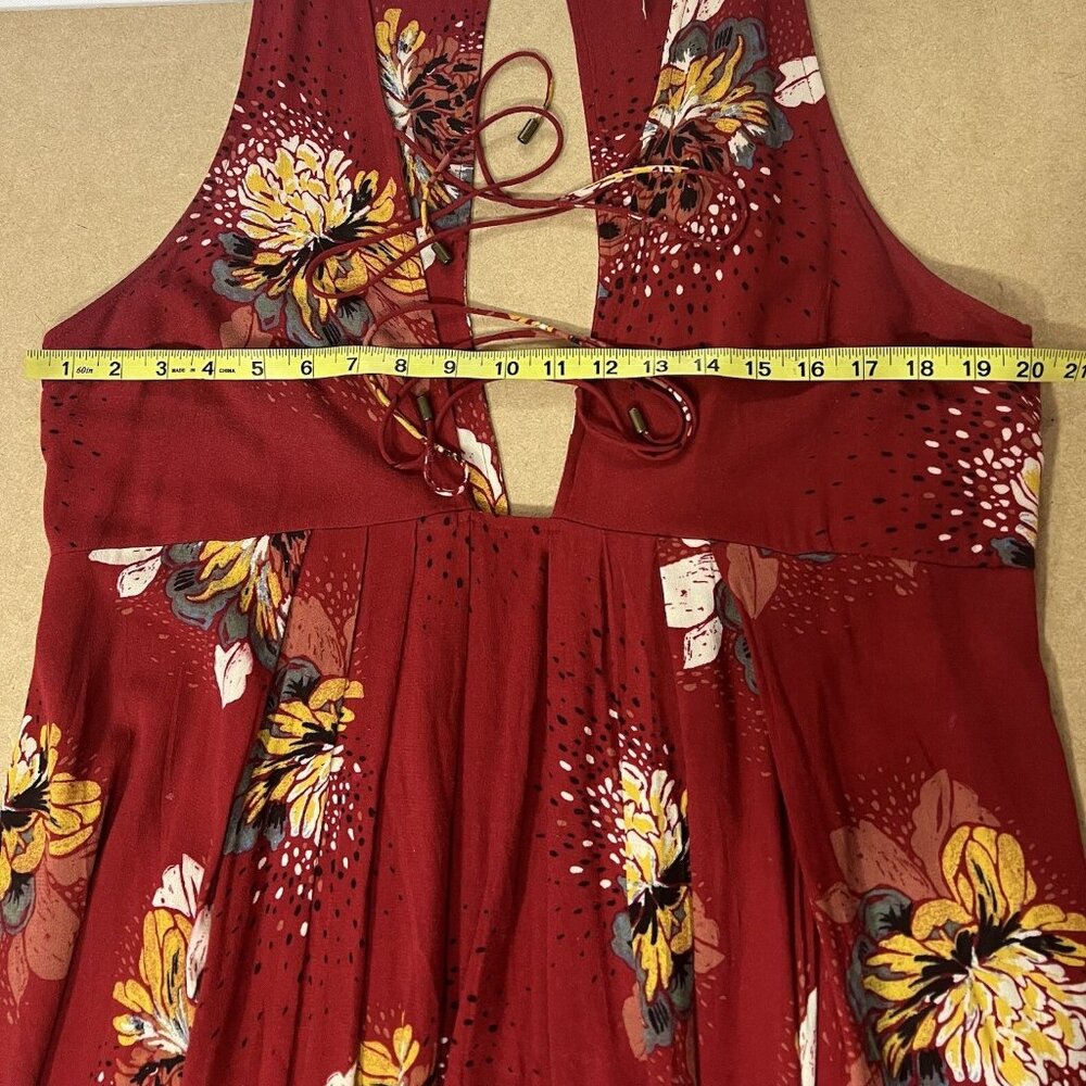 Free People Women Mini Dress  Tunic Small LOVELY DAY  Red Floral Boho Tie Up - Picture 8 of 10